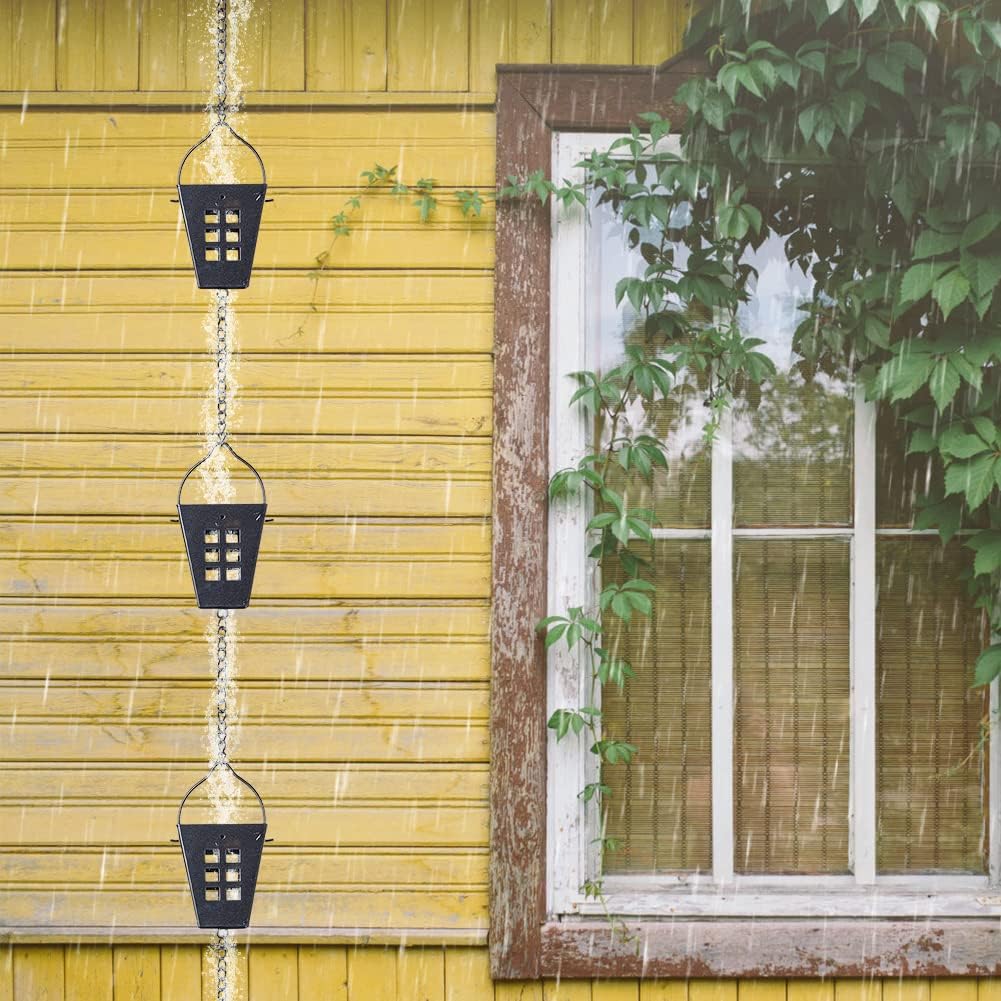 10 Ft Rain Chain, Black Square Rain Gutter Chains with 12 Cups | Adjustable Rain Catcher Chain with Bell for Eaves
