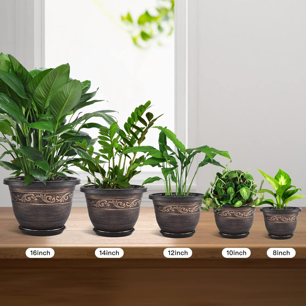 Plastic-Plant-Flower-Planters-16 Inch With Drainage Hole & Saucer, 3 Packs Lightweight Small Resin Flower Pot Indoor