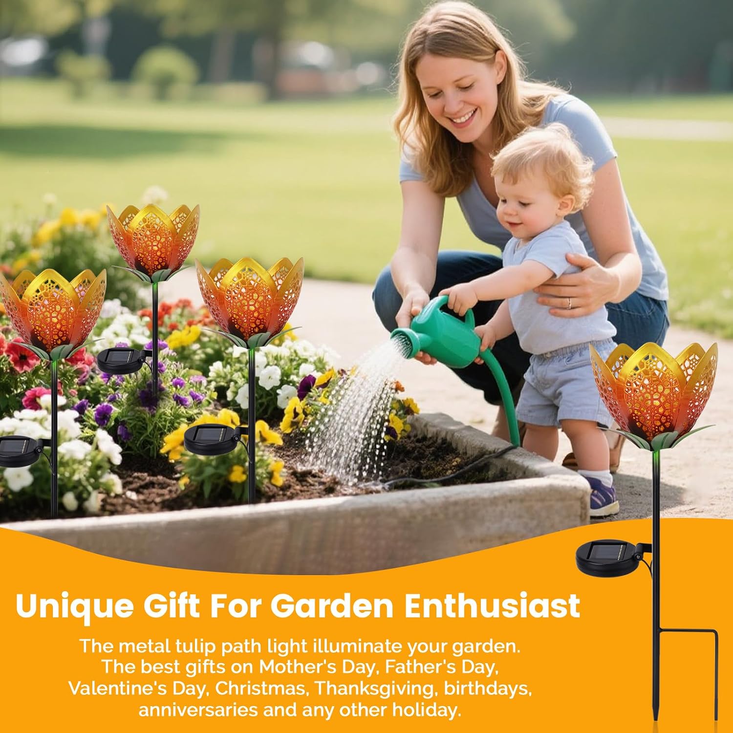 Outdoor Solar Tulip Light, Crackle Globe Glass Metal Flower Decorations Lights for Lawn Ornaments, LED Lotus Hollow