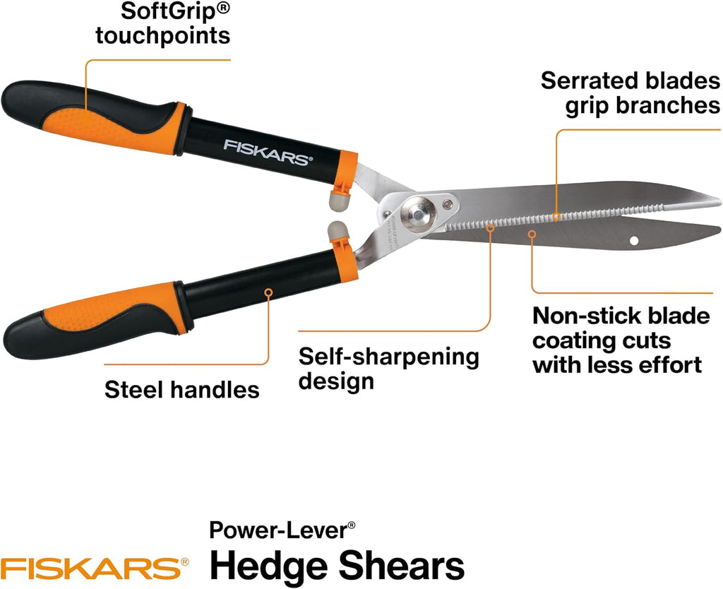 Fiskars 23" Power-Lever Garden Hedge Shears, Self-Sharpening Blades | Serrated Precision-Ground Steel Blades Grip