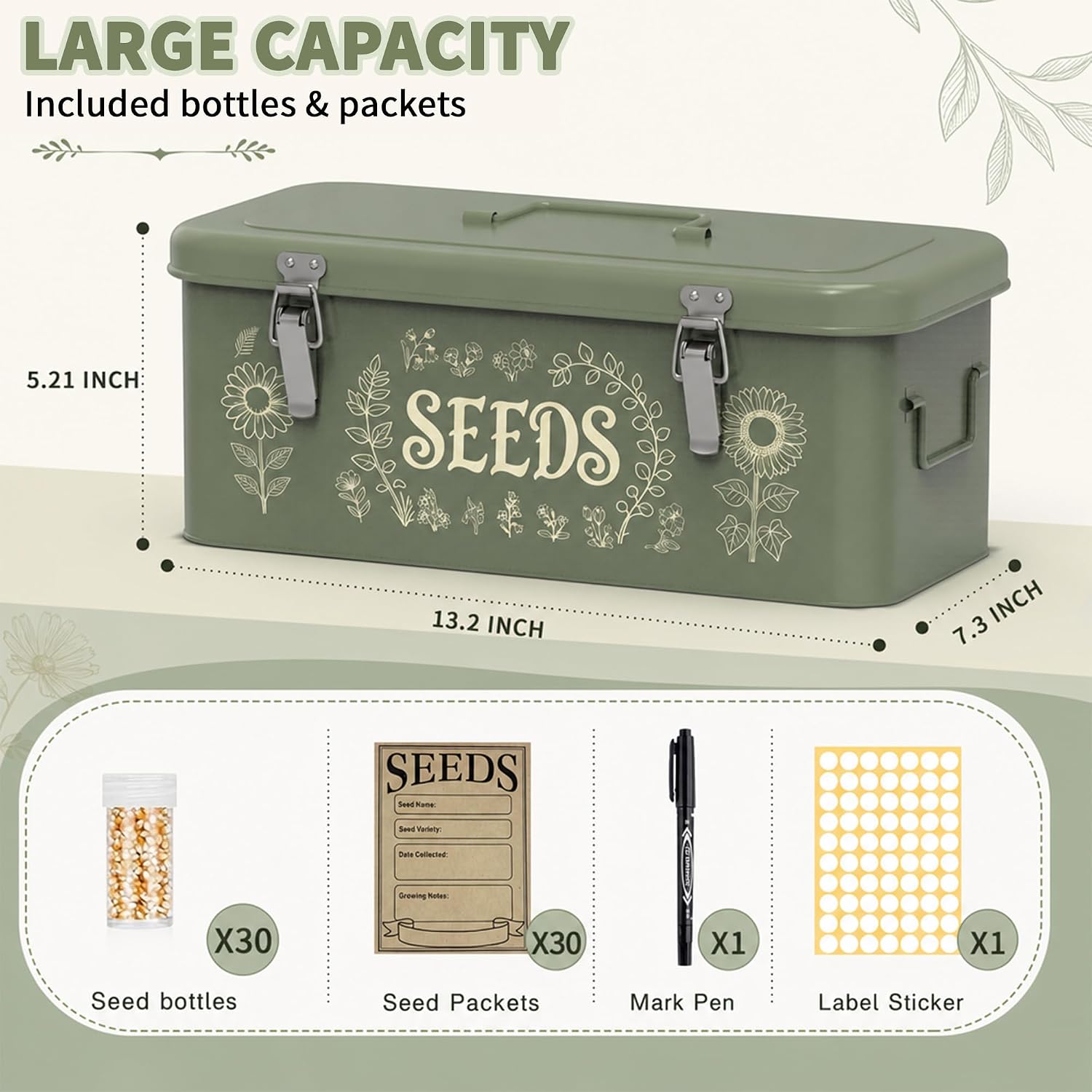 Metal Seed Storage Organizer, 4 Compartment Locking Seed Saving Box | Includes 30 Bottles & Envelopes, Dark Green