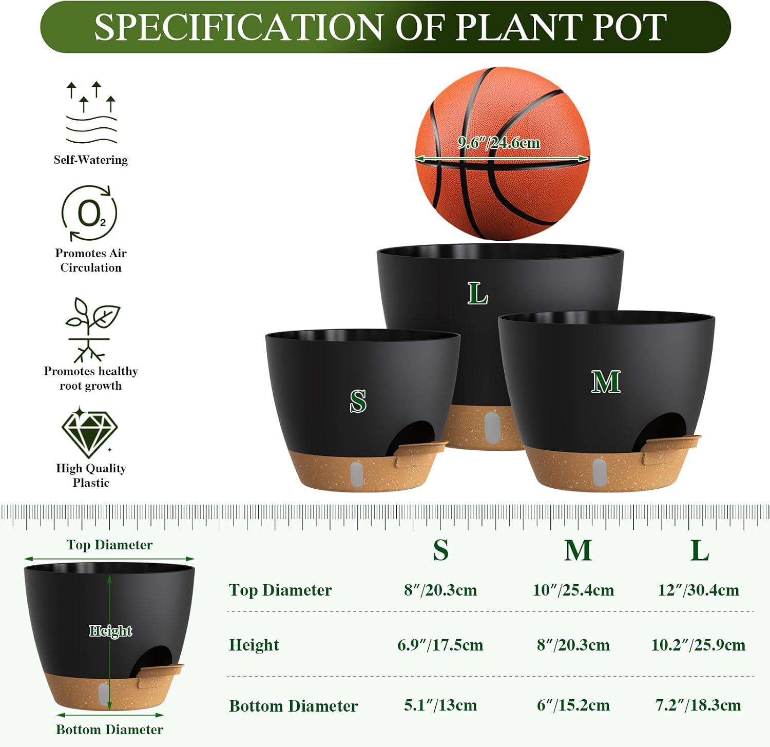 Self Watering Pots with Drainage Holes, 3 Pack 12/10/8 Inch Plant Pots with Water Level Indicator Deep Reservoir, Large
