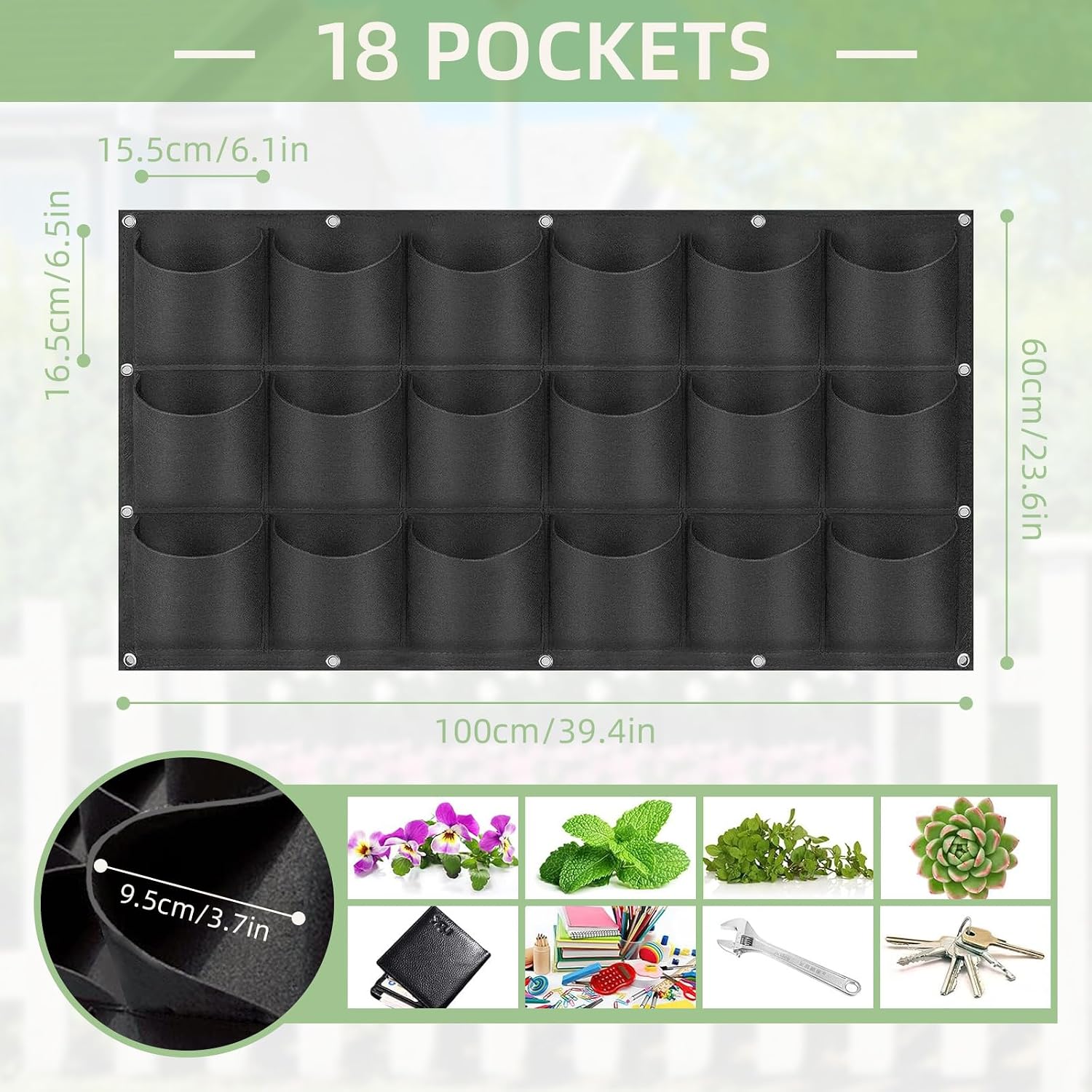 LITLANDSTAR 18 Pockets Hanging Grow Bags, 2 Pack Horizontal Wall Planter Plant Grow Bags Outdoor Indoor Hanging Planter