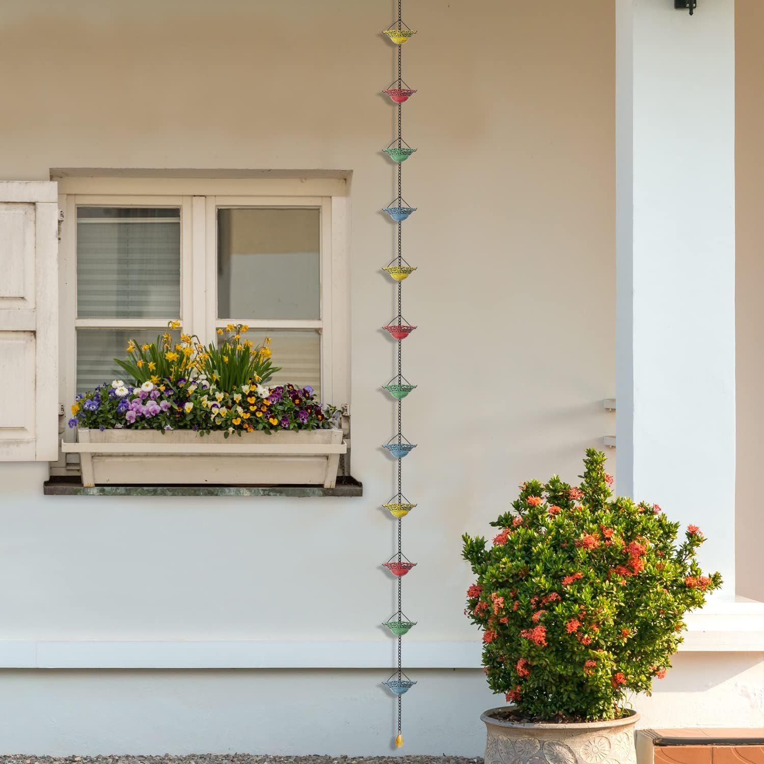 8.5 FT Colorful Rain Chain with 12 Cups for Gutters Downspouts Outside | Metal Material, Large Opening to Avoid