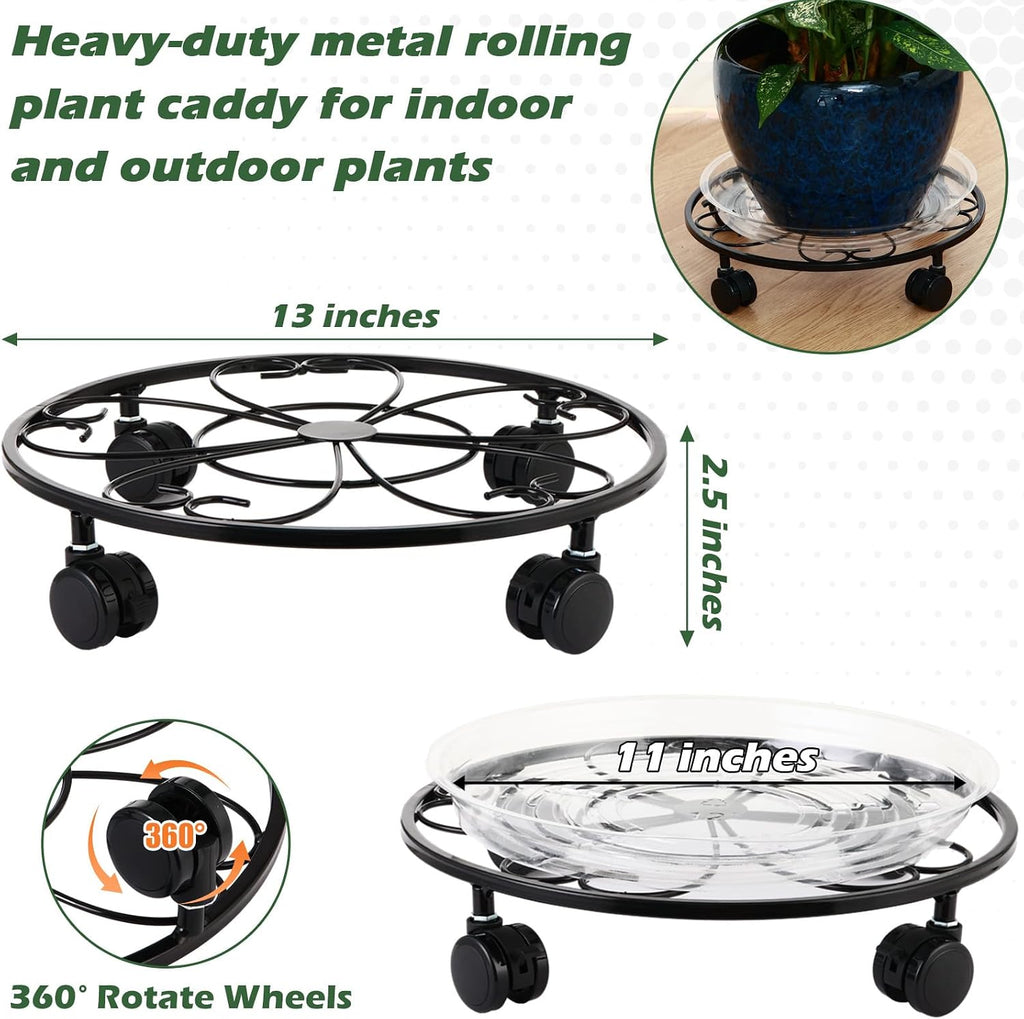5 Packs 13 inches Large Metal Plant Caddy with Wheels Round Planter Dolly Pot Mover Rollers Wrought Iron Rolling Plant