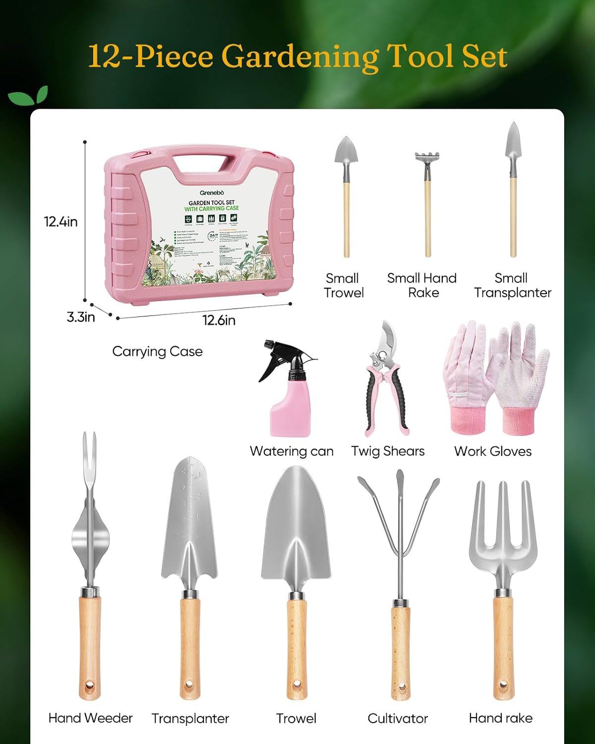12-Piece Gardening Tools Set with Hard Storage Case, Pink Silver | Heavy-Duty Steel Trowel & Pruner, Floral Print