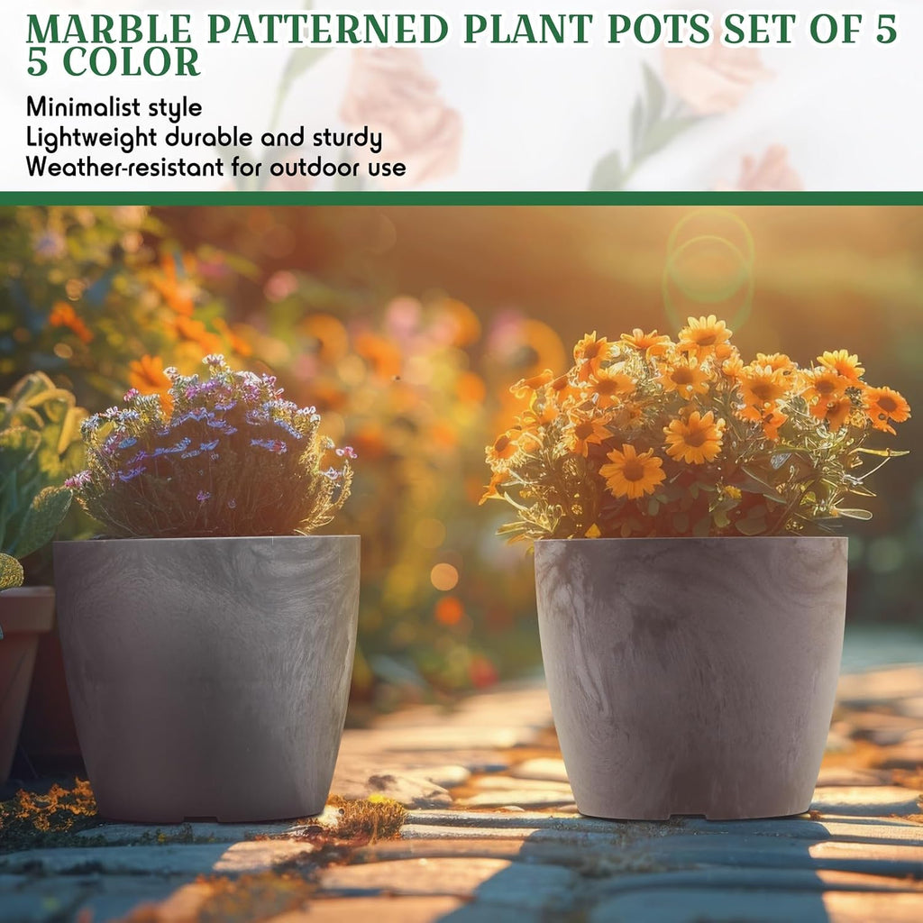 CroBlissful 5 Pack Flower Pots 5 Inch Outdoor Plant Pots for Indoor Marble Pattern Plastic Tree Planters with Drainage