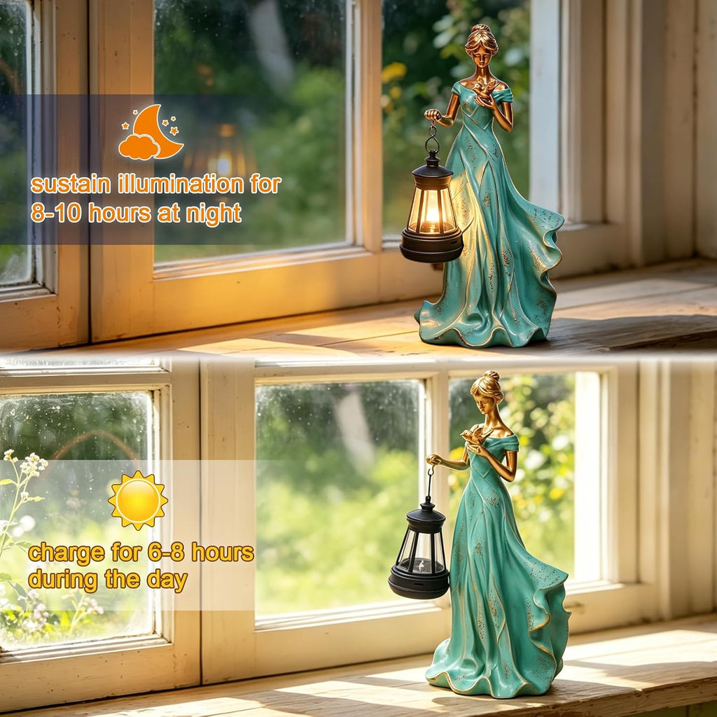 Fairy Garden Outdoor Figurines Lights, Leaf Angel Girls Statues with Solar Lantern and Bird Rustic Home Decor Outside