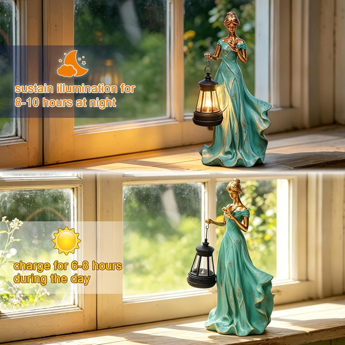 Fairy Garden Outdoor Figurines Lights, Leaf Angel Girls Statues with Solar Lantern and Bird Rustic Home Decor Outside