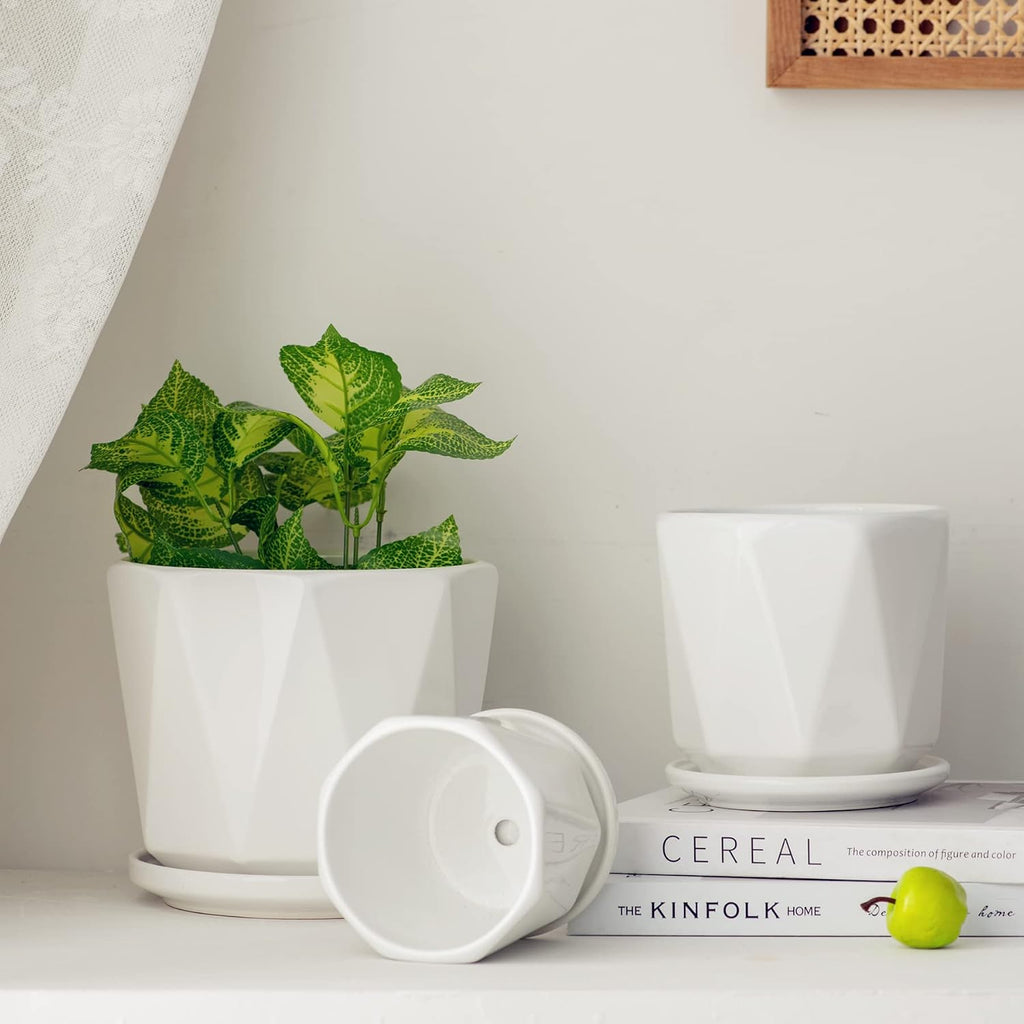 White Ceramic Planter Set of 3 with Drainage and Saucer, Indoor Plant Pots | Modern Geometric Flower Pots (6.5/5.5/4.5