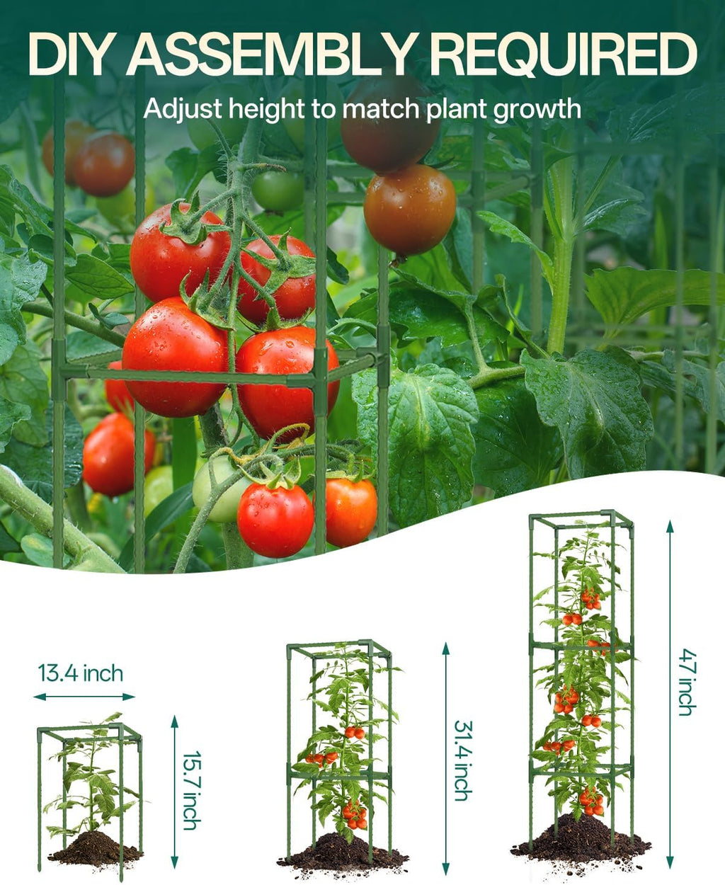 3 Pack Tomato Cage, Up to 47 Inch Adjustable Square Tomato Cages for Pots | Garden Trellis, Plant Trellis for Raised