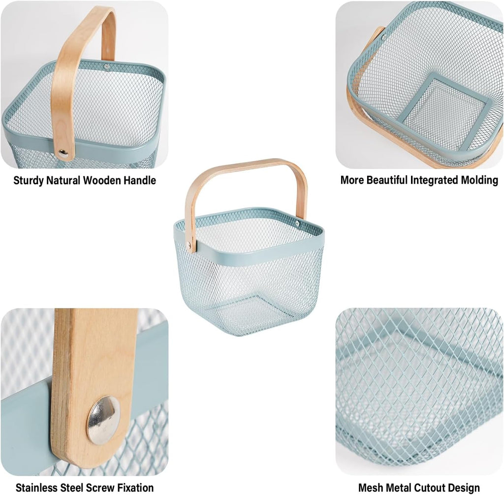 Metal Mesh Steel Harvest Basket, Wire Garden Basket with Handle | Square Multi-Functional Storage Organizer for