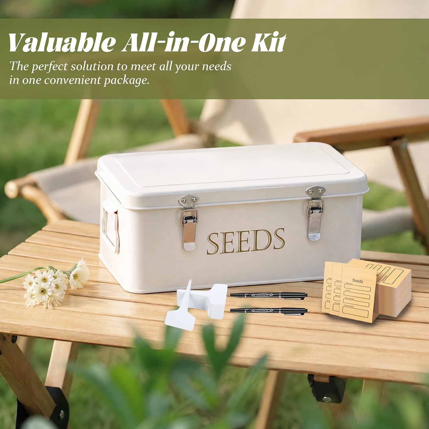 ECOPARK Seed Storage Box, Professional All-in-one Kit | with 2 Pens, 20 Plant Labels and 50 Seed Envelopes, Metal