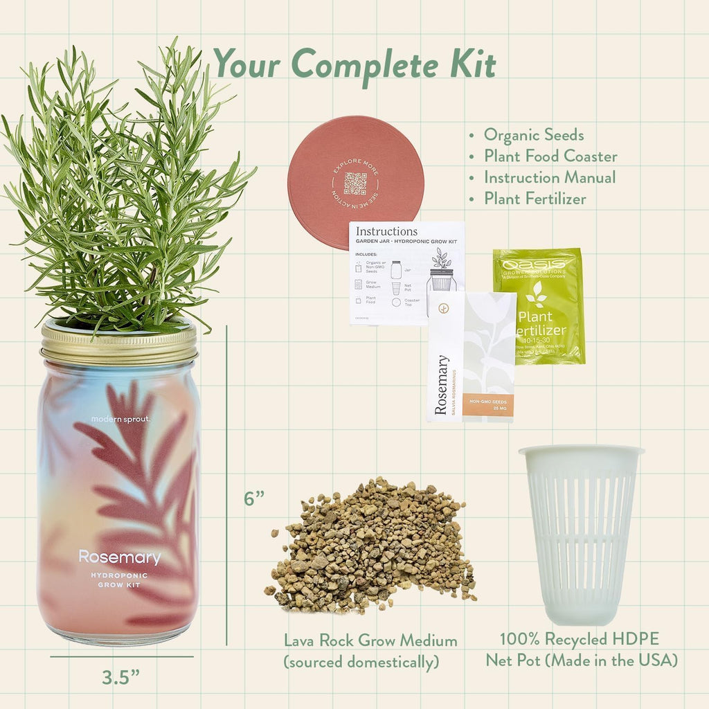 Modern Sprout Garden Jars + Smart Growbar Bundle- Basil, Rosemary & Parsley | Self-Watering Hydroponic Herb Growing Kit