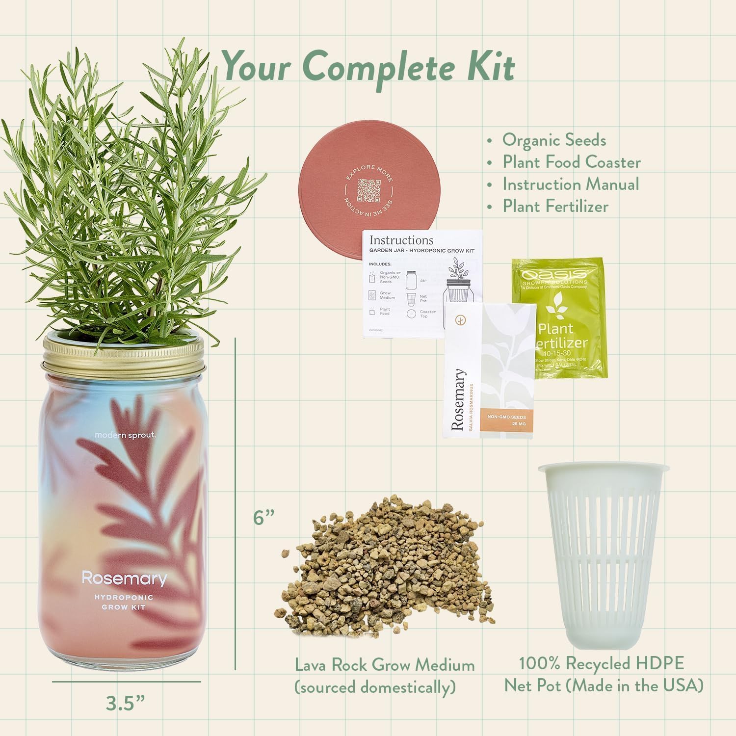 Modern Sprout Garden Jars + Smart Growbar Bundle- Basil, Rosemary & Parsley | Self-Watering Hydroponic Herb Growing Kit
