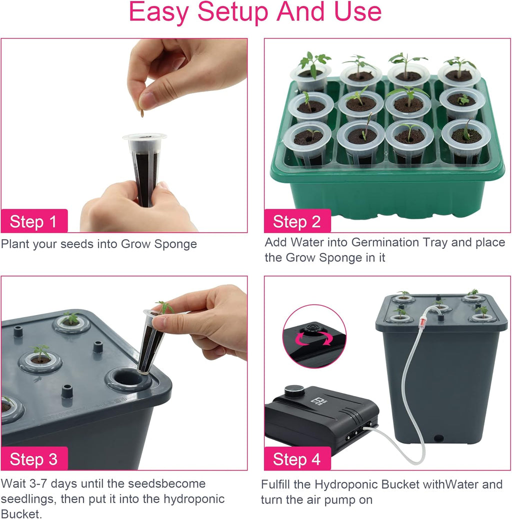 4 Hydroponic Buckets Kit for Plants, Hydroponics Growing System for Herbs/Tomato/Vegetables, DWC System with Air Pump &