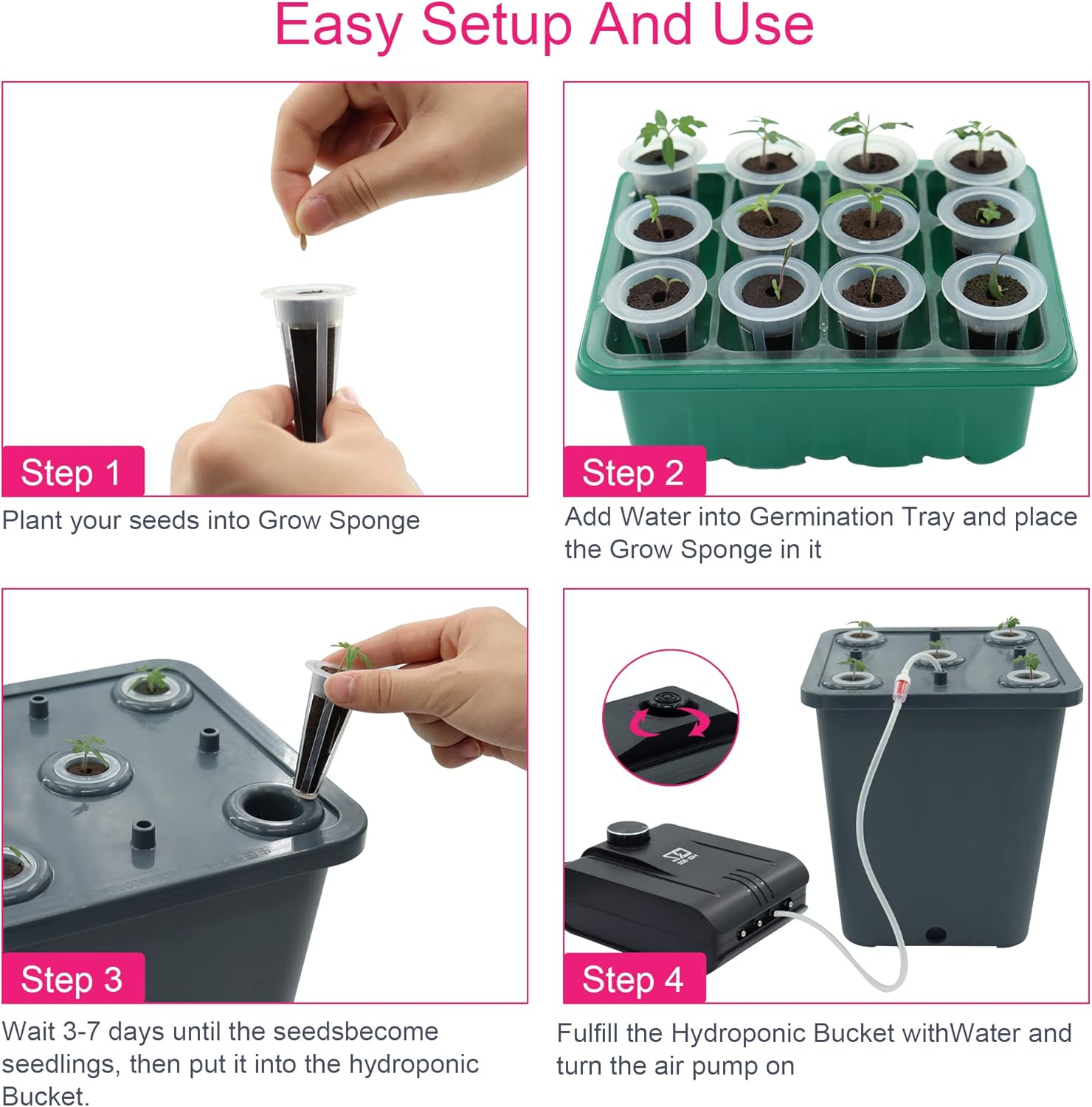 4 Hydroponic Buckets Kit for Plants, Hydroponics Growing System for Herbs/Tomato/Vegetables, DWC System with Air Pump &