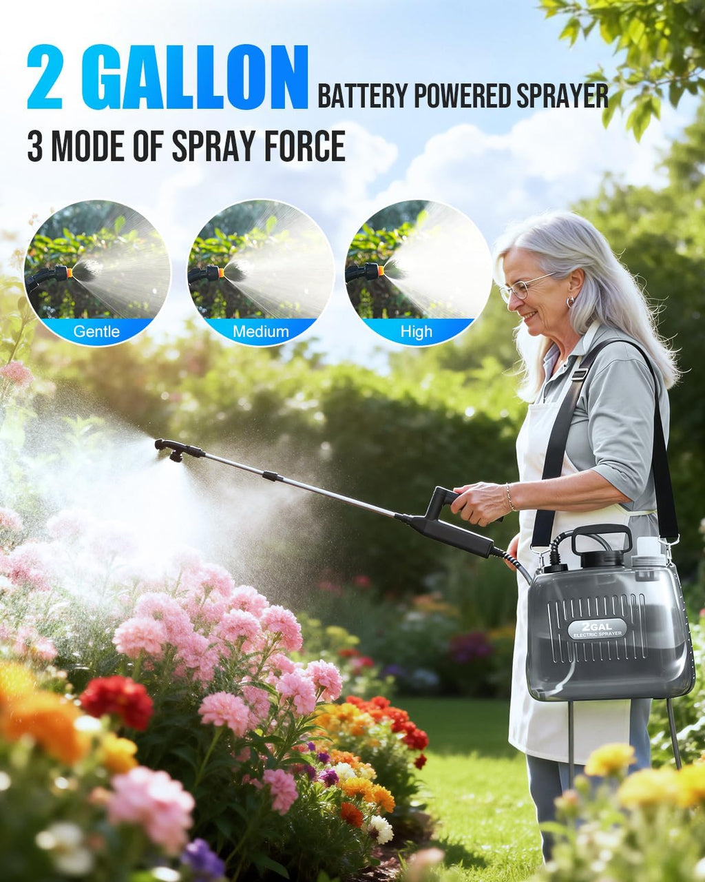 Battery Powered Sprayer 2 Gallon, Electric Weed Sprayer with 3 Adjustable Pressure Levels, 4 Nozzles & Extendable Wand