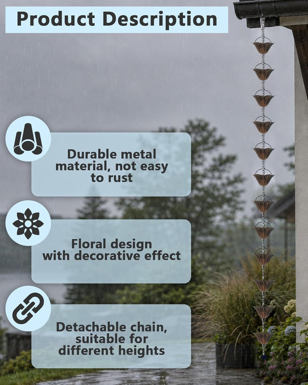 9.5FT Antique Bronze Lotus Rain Chain 12-Cup Downspout Replacement | Sturdy Metal, Rainwater Harvesting, Replaces