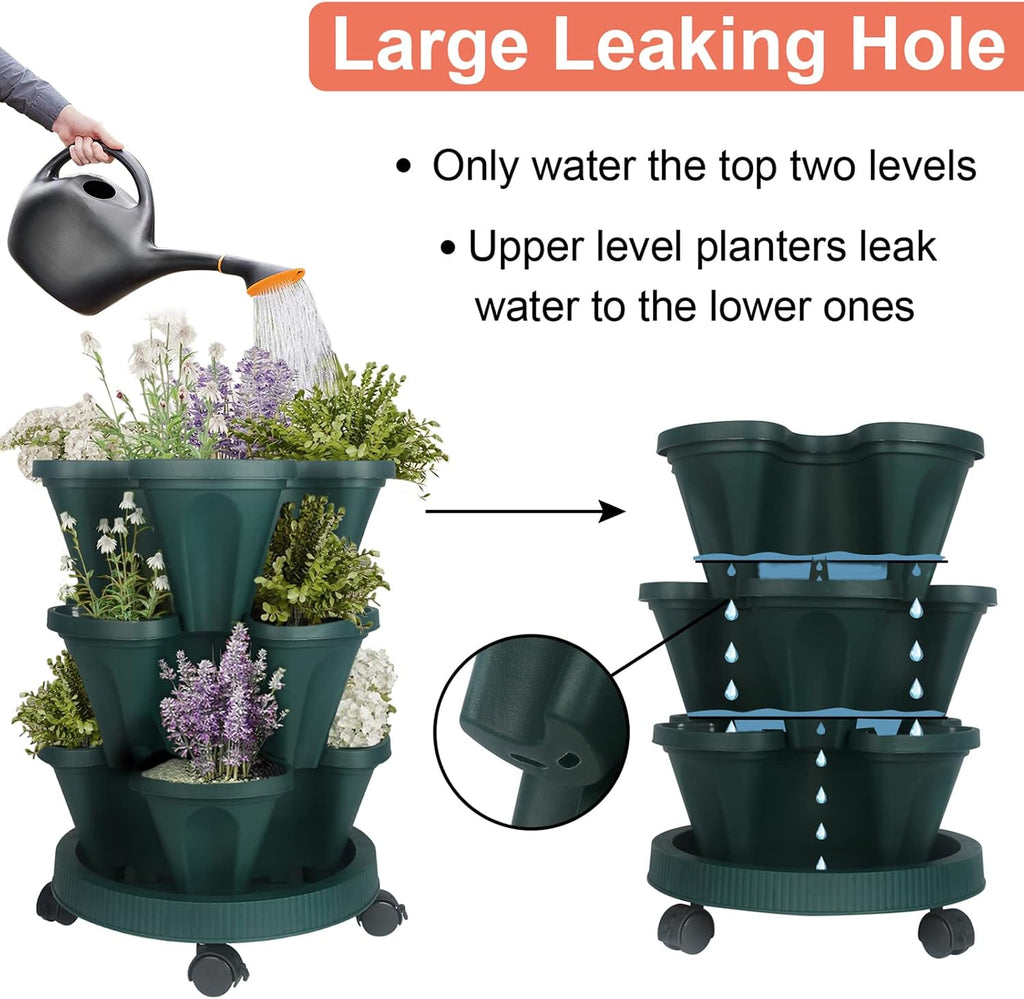 DUNCHATY Stackable Planter, Vertical Garden Planter with Wheels and Tools, Self Watering Strawberry Planter