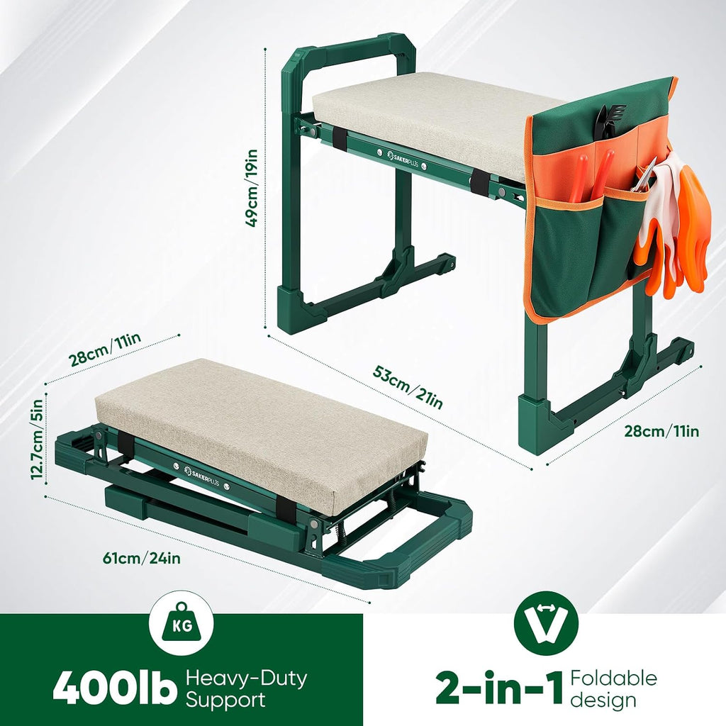 SakerPlus Garden Kneeler and Seat, Heavy Duty Foldable Garden Stool | 10-inch thickened pad, 400 lb support, extendable