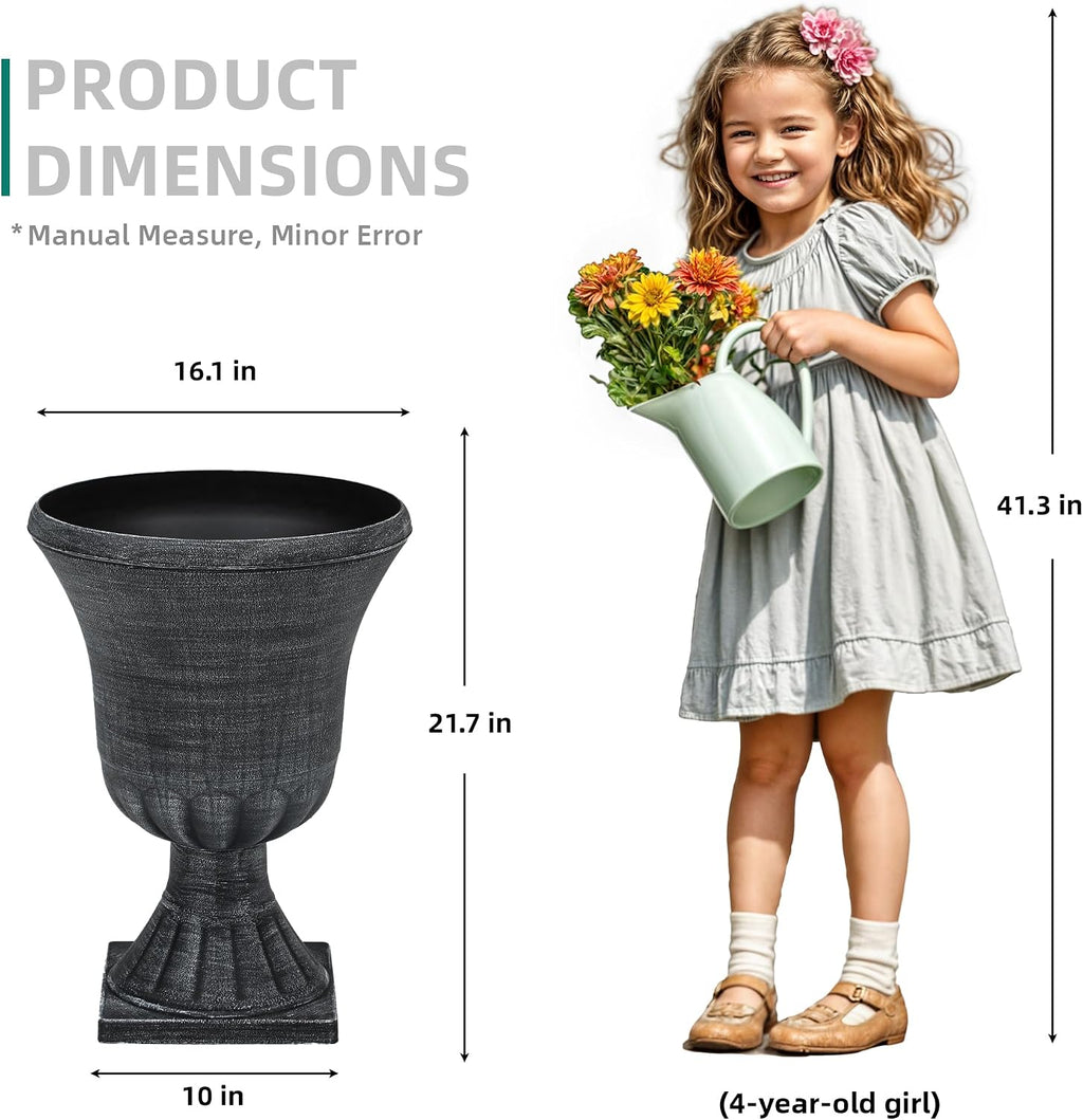 Autodaya 22" Tall Urn Planters for Outdoor Plants Set of 2 Large Flower Pot | 3D Textured Washed Black Pedestal Outdoor