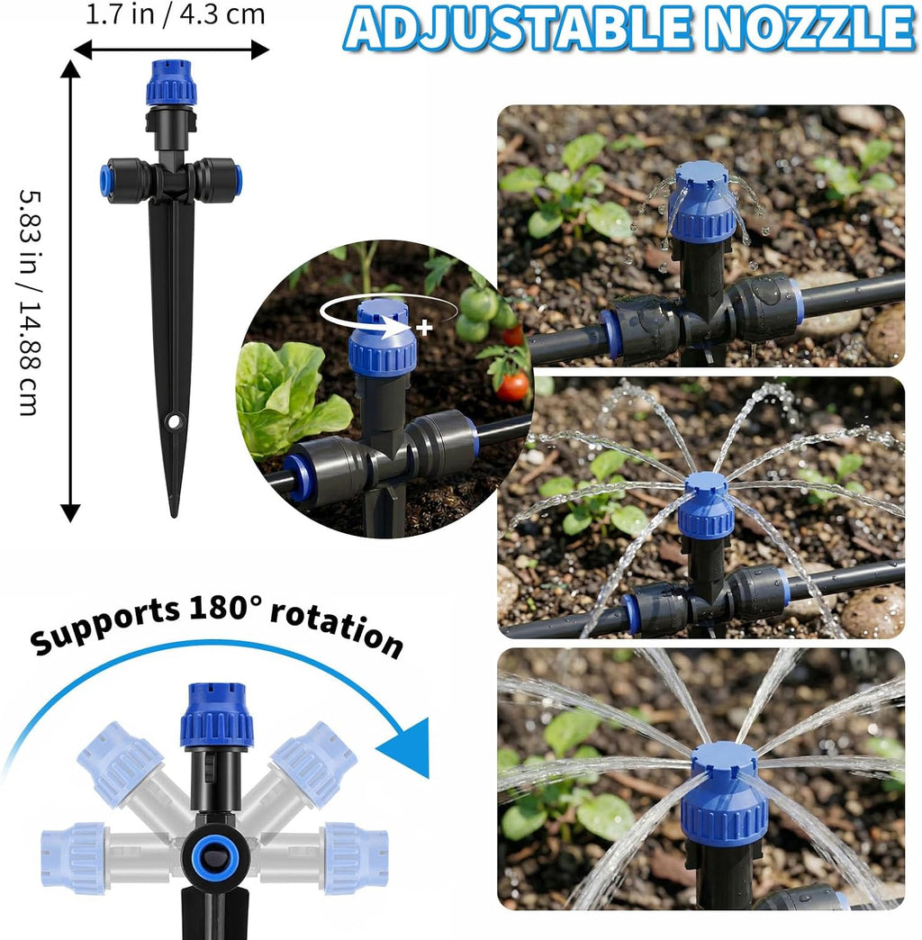 Drip Irrigation System 130FT with 10 Bendable Nozzles, 10 Misting Emitters, 10 8-Outlet Drip Emitters, 1/2 & 1/4 Inch