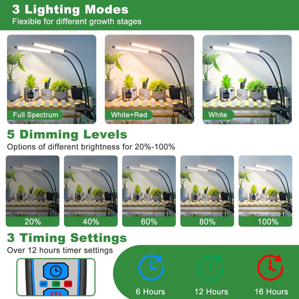 Clip on Grow Lights for Indoor Plants, Full Spectrum 6000K | 2-Head Gooseneck Plant Lamp, 6/12/16H Auto Timer, 5-Level