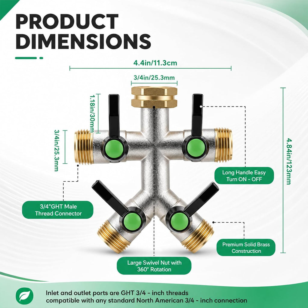 4 Way Hose Splitter, Heavy Duty Brass Garden Hose Connector, 3/4" GHT Water Spigot Splitter with 4 Shutoff Valves, High