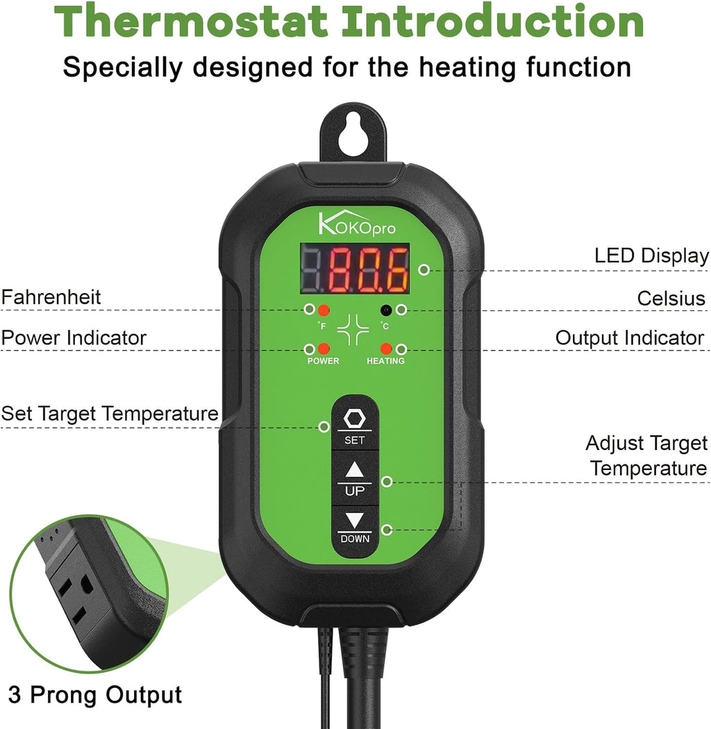 10"x 20" Seedling Heat Mat and Digital Thermostat Combo Set - KOKOPRO Warm Hydroponic Heating Pad for Seed Germination
