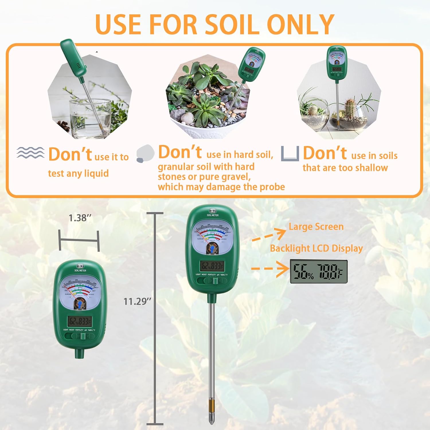 7-in-one Soil Test Kit, Soil Moisture Meter/PH Meter/Sunlight Intensity/Fertility Soil Tester, LCD Display Air & Soil