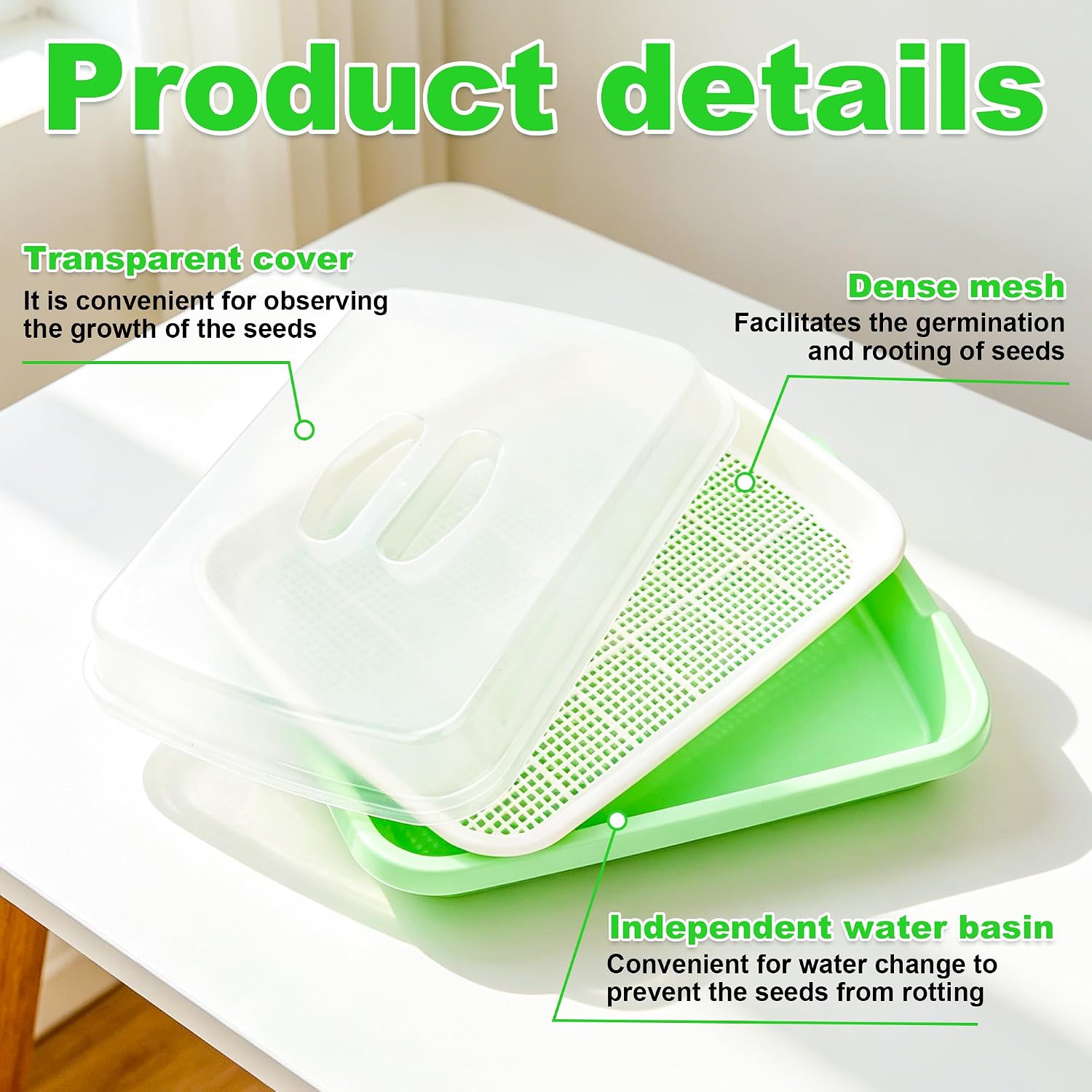 AKAZA 4 Pcs Green Seed Sprouter Trays with Lid Soil-Free Germination Trays | Nursery tray with planting paper;