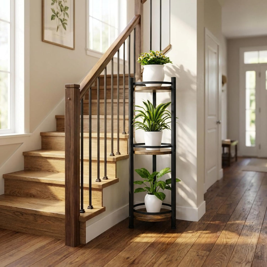 3 Tier Plant Stand Indoor Outdoor for Corner, Rustic | Tall Wood & Metal Plant Shelf, Rustproof Stable Flower Pot