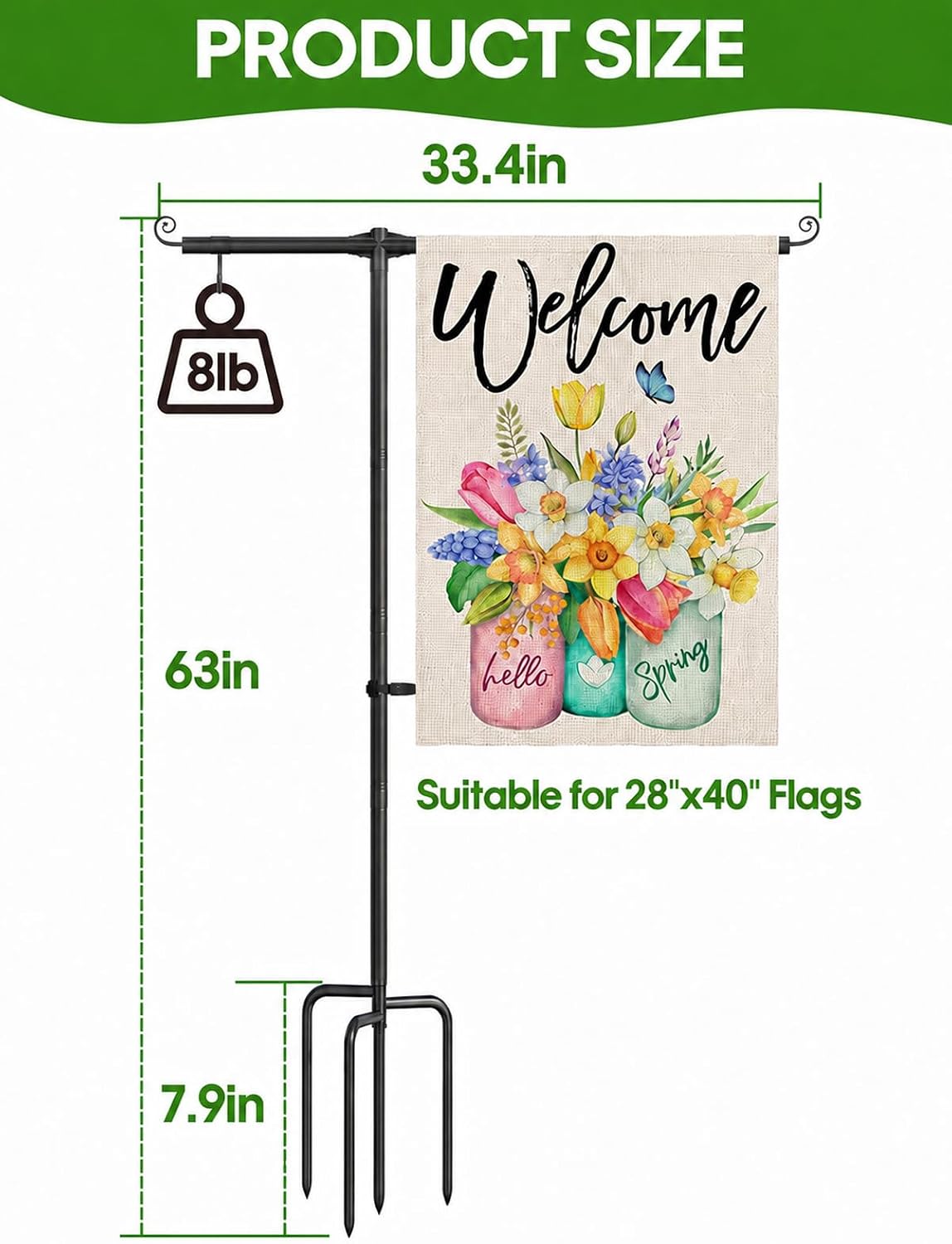 Garden Flag Stand Holder 63" Stainless Steel Pole for 28 x 40 Flags | 3/4" Diameter with Shepherd Hooks and 4-Prong