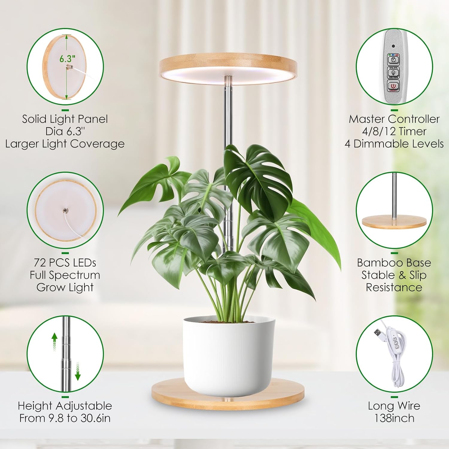 LORDEM Grow Lights for Indoor Plants with Base, Bamboo Design, Timer | 72 LEDs Full Spectrum Plant Lights, 4 Brightness