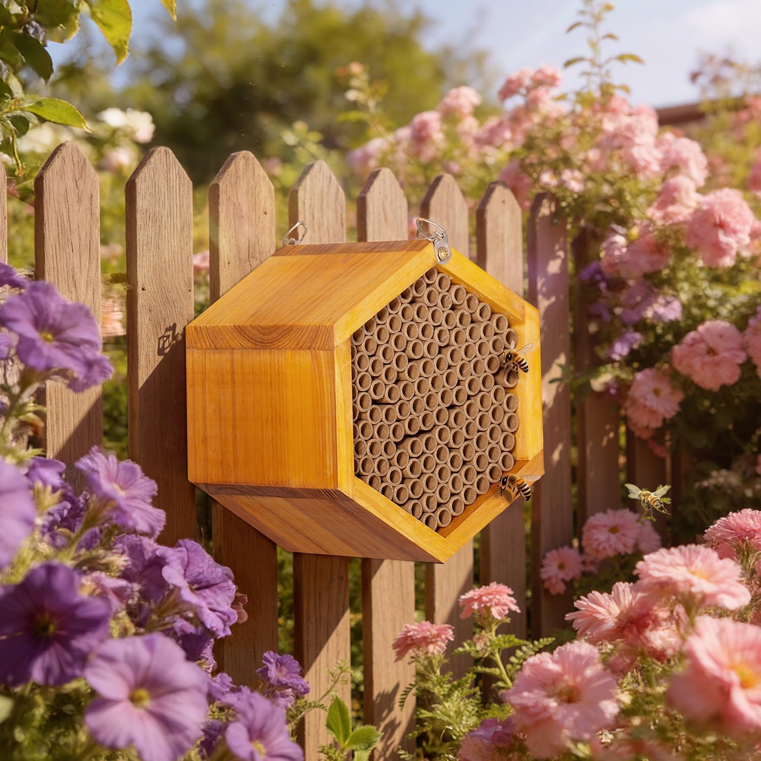 Mason Bee House - Handmade Natural Wooden Bee Hive Coated with Wax for Water-Proof and Long Service Life - Attracts