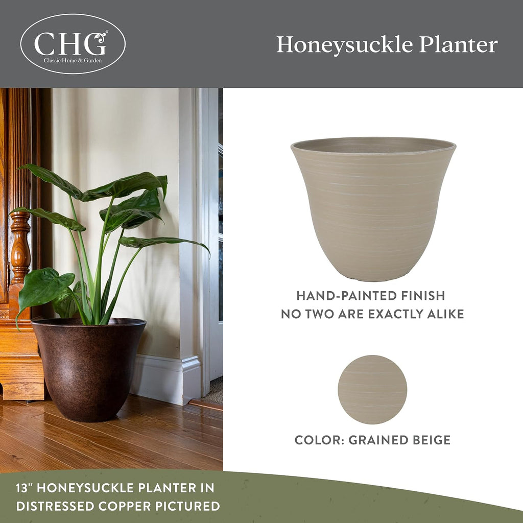 Honeysuckle Resin Planter, Durable Garden Pot, 13" Grained Beige | Hand-Painted Finish Plant Pots, Lightweight Indoor