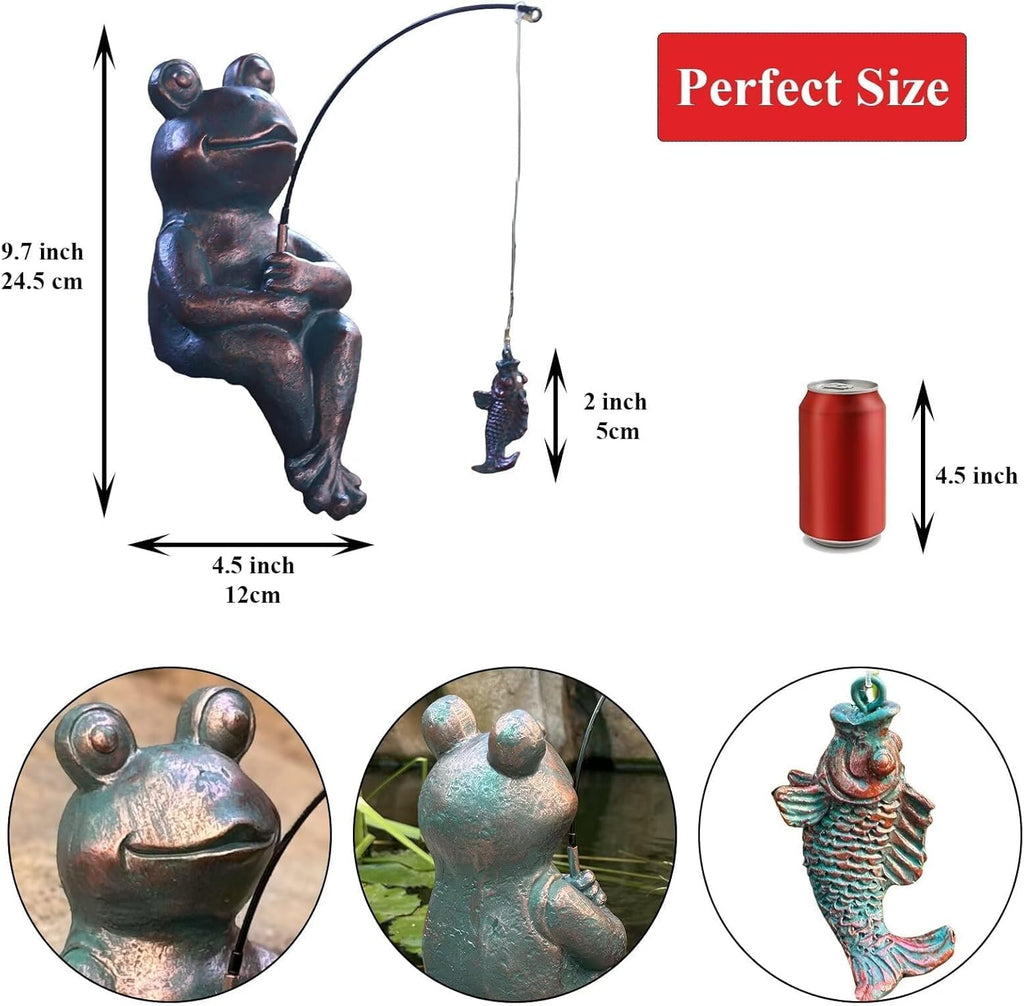 Frog Fishing Statue Garden Decor – 9.8" Weatherproof Resin Frog Fishing Sculpture Decor for Fish Ponds, Koi Ponds
