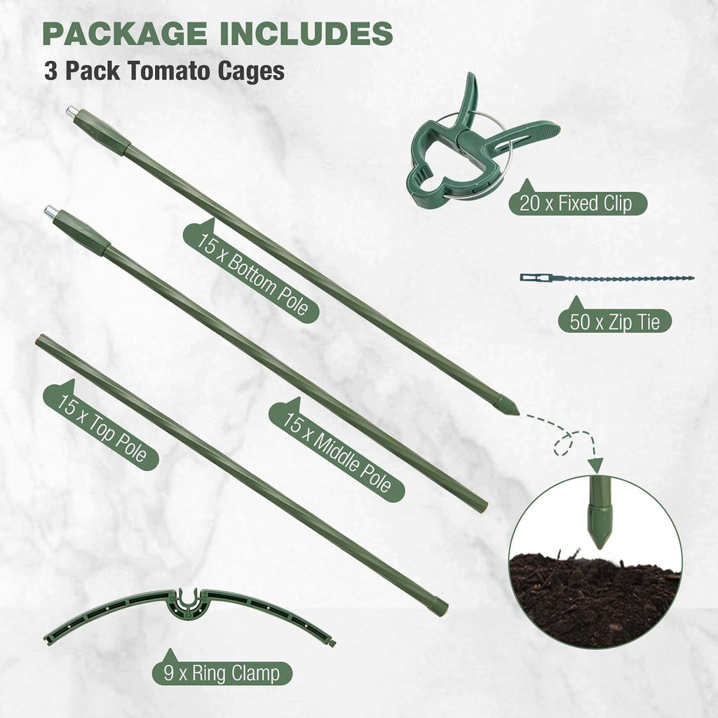 Happygrill 3 Pack Plant Cages and Supports, 60 inch Tall Adjustable Tomato Cage w/Clips & Ties, Heavy-Duty Garden