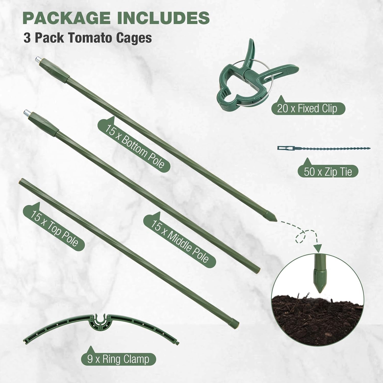 Happygrill 3 Pack Plant Cages and Supports, 60 inch Tall Adjustable Tomato Cage w/Clips & Ties, Heavy-Duty Garden