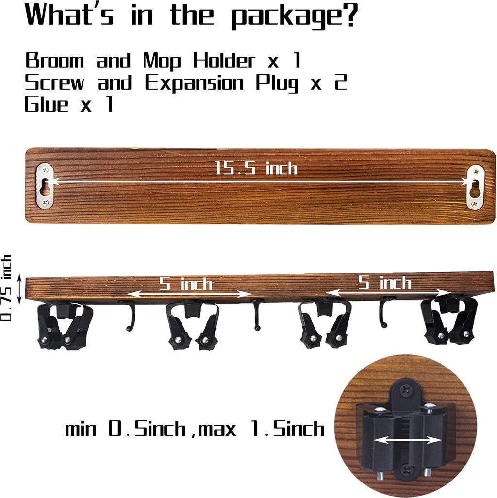 2 Pack Mop and Broom Holder Wall Mount Solid Wood Broom Rack Wall Mount 4 Positions 3 Hooks for Home, Kitchen, Garden