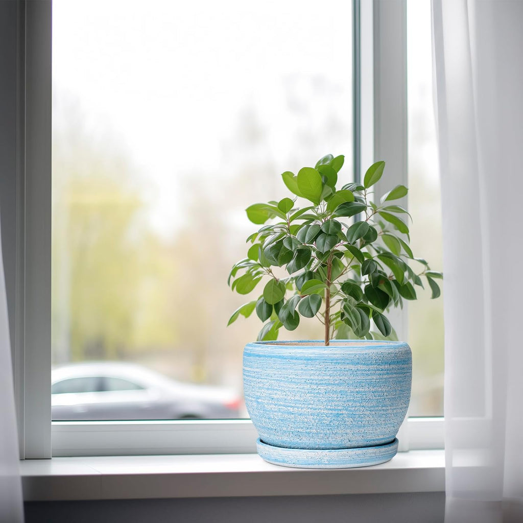 SQOWL Ceramic Planter - 8 inch Pot for Plants Indoor Outdoor, Modern Ceramic Flower Pot with Drainage Hole and Saucer