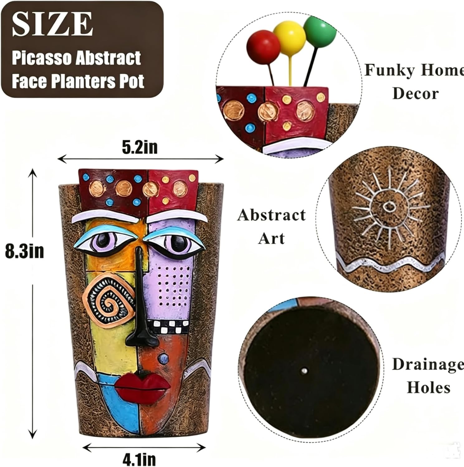 Picasso Abstract Face Planters Pots Head, Handmade Resin Planters with Drainage Holes, Decorative Succulents Brown Face