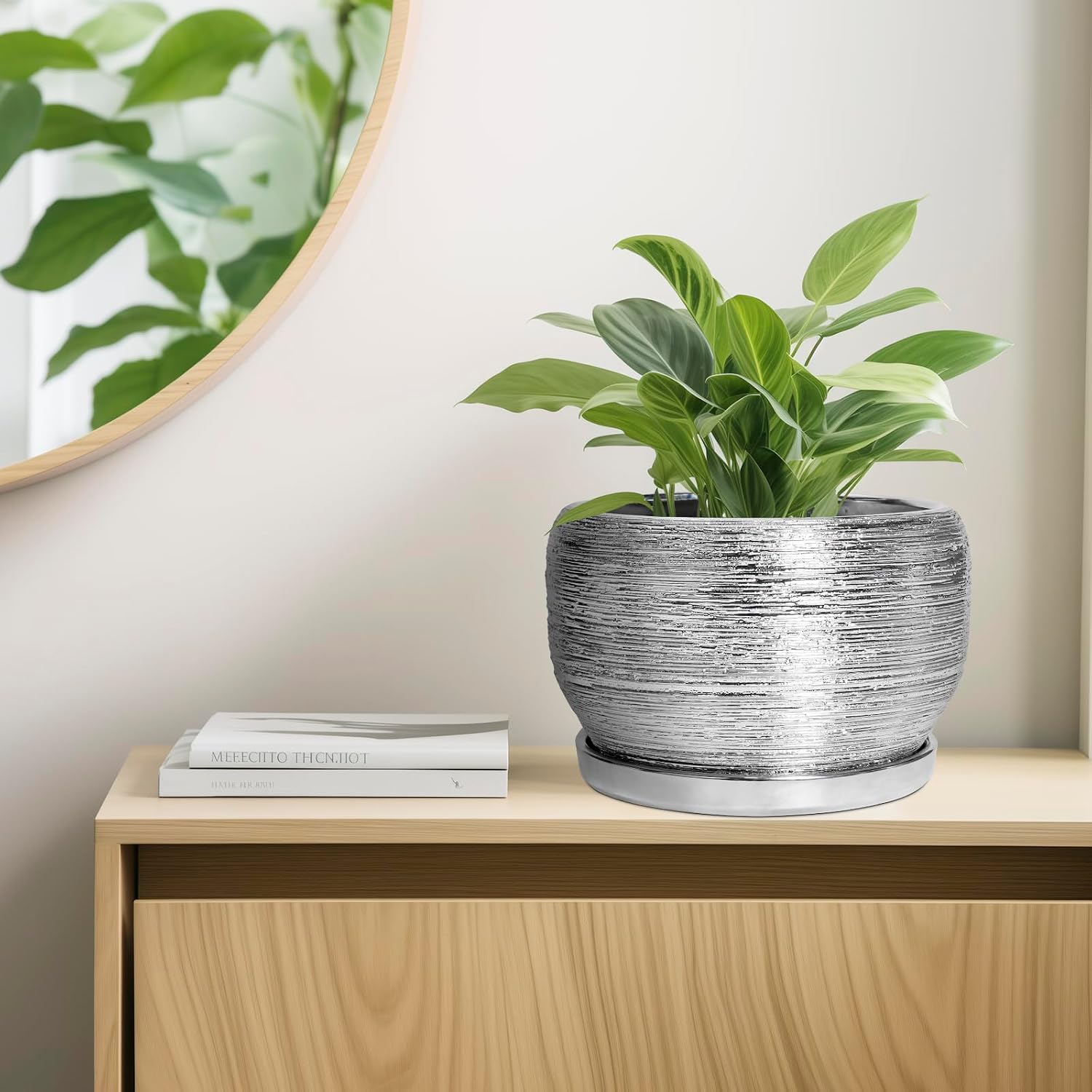 SQOWL Ceramic Pot for Plants - 10 Inch Planter Indoor, Round Large Planter Outdoor with Drainage Hole and Plant Saucer