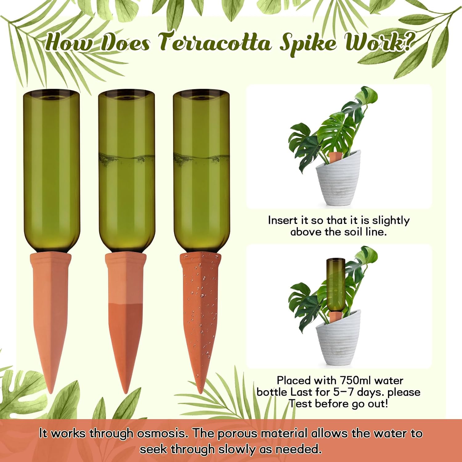 SiliFine 12 Sets Terracotta Watering Spikes,Grass Green and Terracotta | 26 oz Bottles for Slow Release Watering, Self