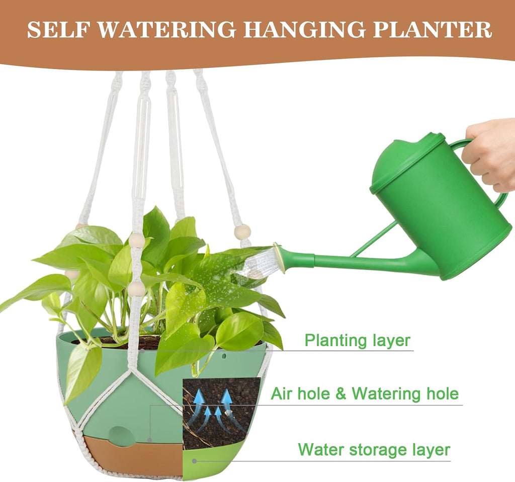 Self Watering Hanging Planter, 3 Pack 10 Inch Macrame Plant Hanger with Flower Pot, Metal Chain, S & Ceiling Hooks