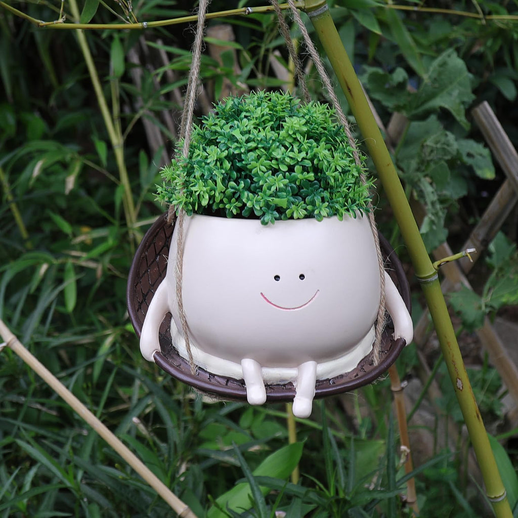 bestbear Hanging Swing Chair Planter Pot Resin Smiley Face Planter for Indoor Outdoor Plant Cute Head Flower Pots for