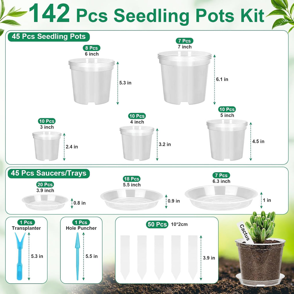 142Pcs Clear Plastic Nursery Pots with Drainage Holes and Saucers, 45Packs 3/4/5/6/7Inch Seedling Starter Flower Pots