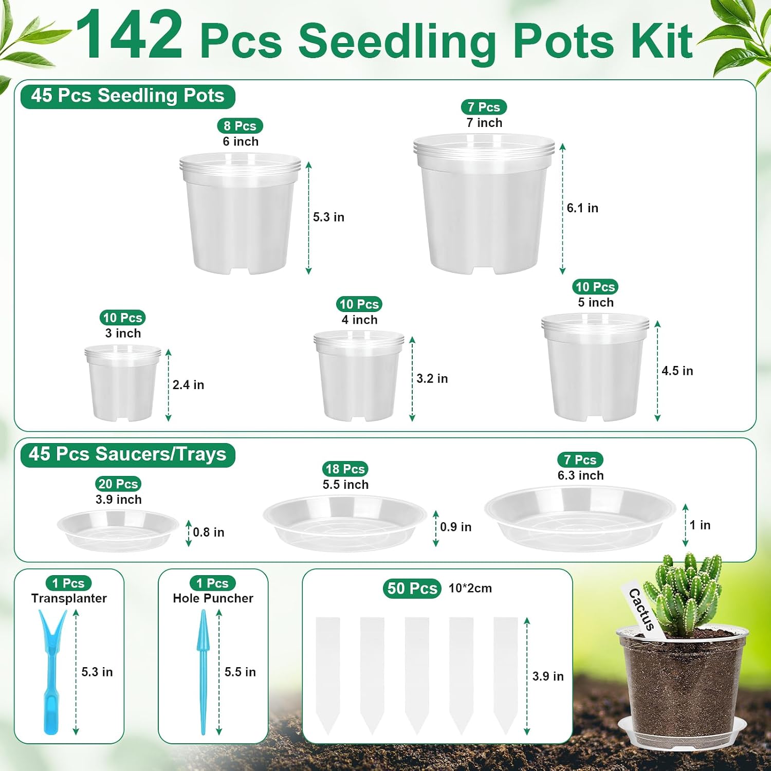 142Pcs Clear Plastic Nursery Pots with Drainage Holes and Saucers, 45Packs 3/4/5/6/7Inch Seedling Starter Flower Pots