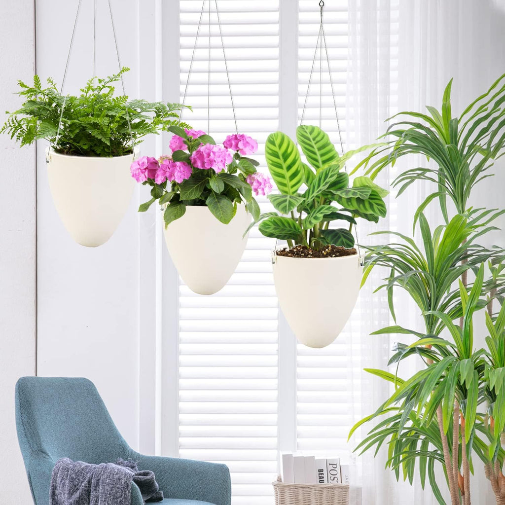 Sungmor 3 Pack Plastic Self Watering Hanging Planters - Eggshell Shape | Indoor Outdoor Hanging Pots for Plants, Modern